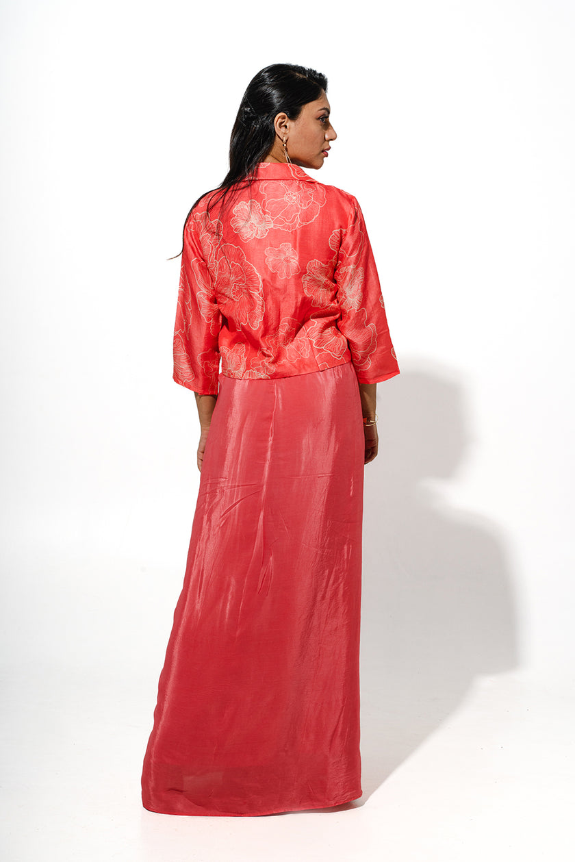 Long Drape Dress With Floral Printed Jacket