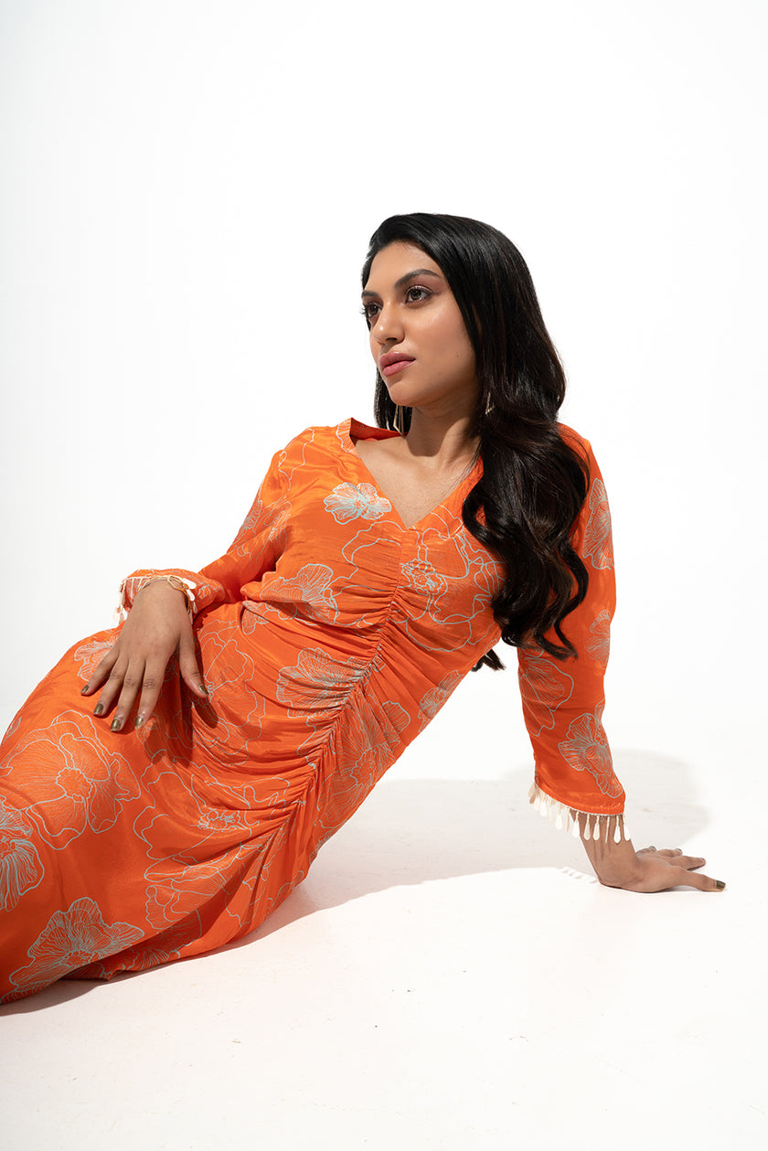Orange Floral Printed Dress With Rouch Detail