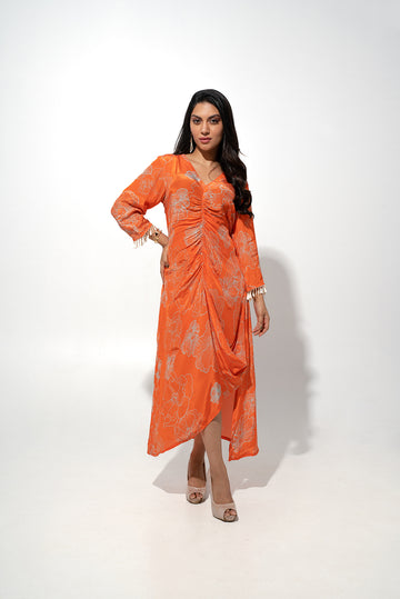 Orange Floral Printed Dress With Rouch Detail