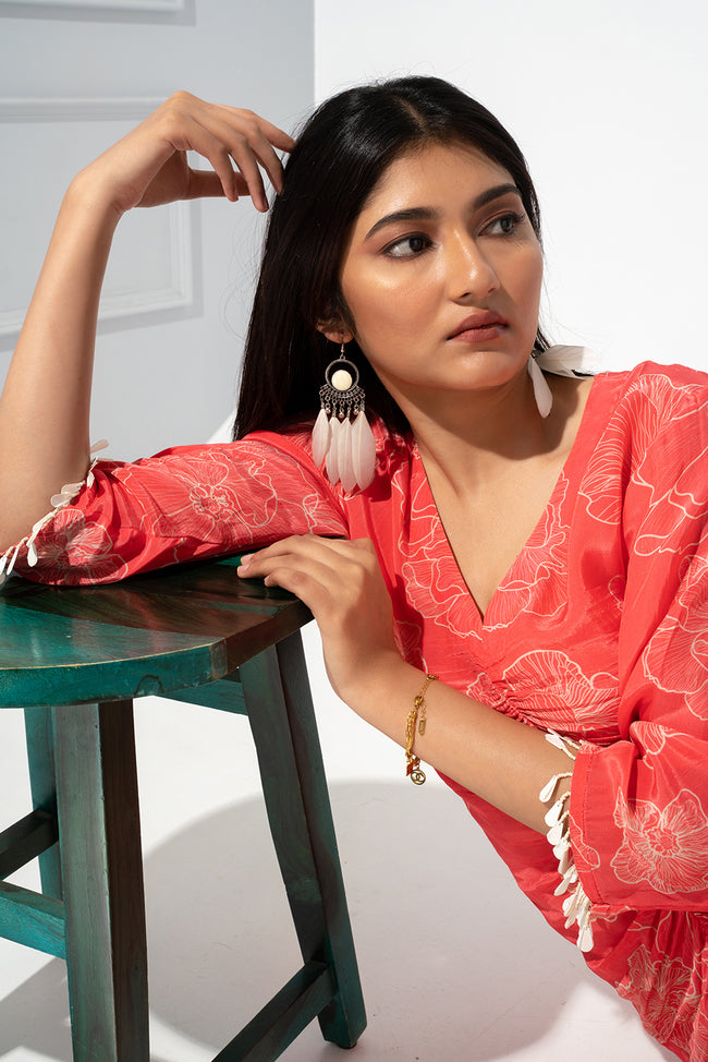 Coral Dress With Rouch Detail