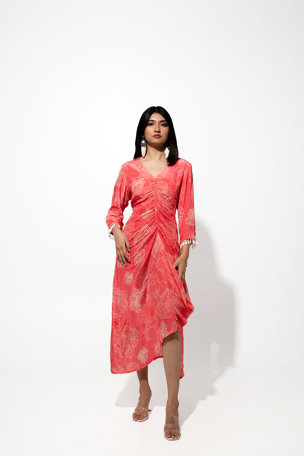 Coral Dress With Rouch Detail