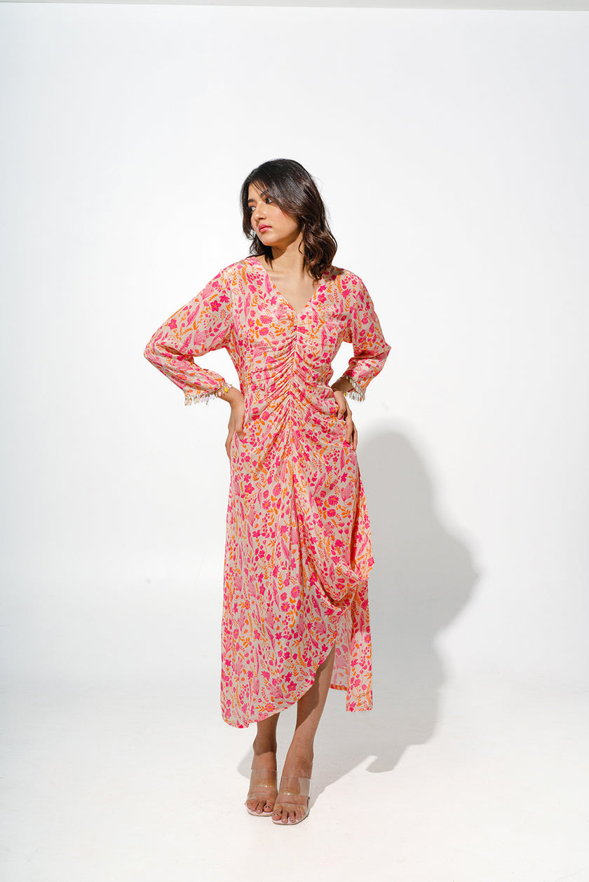 Floral Printed Dress with Rouch Detail