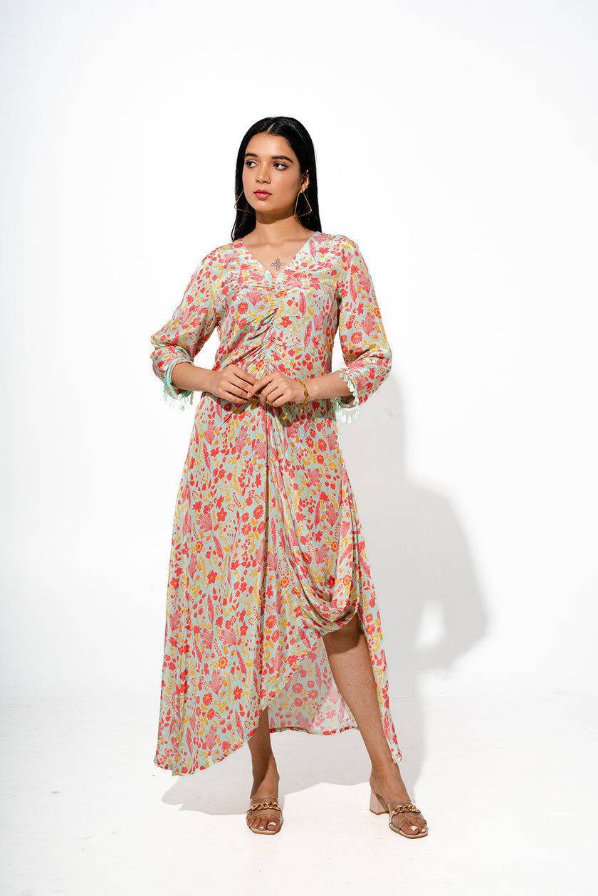 Floral Printed Dress with Rouch Detail