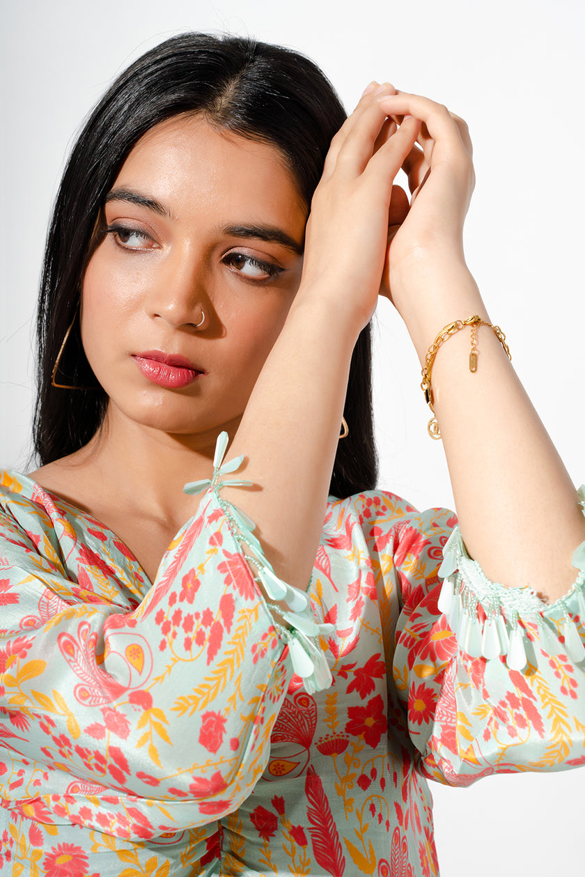 Floral Printed Dress with Rouch Detail