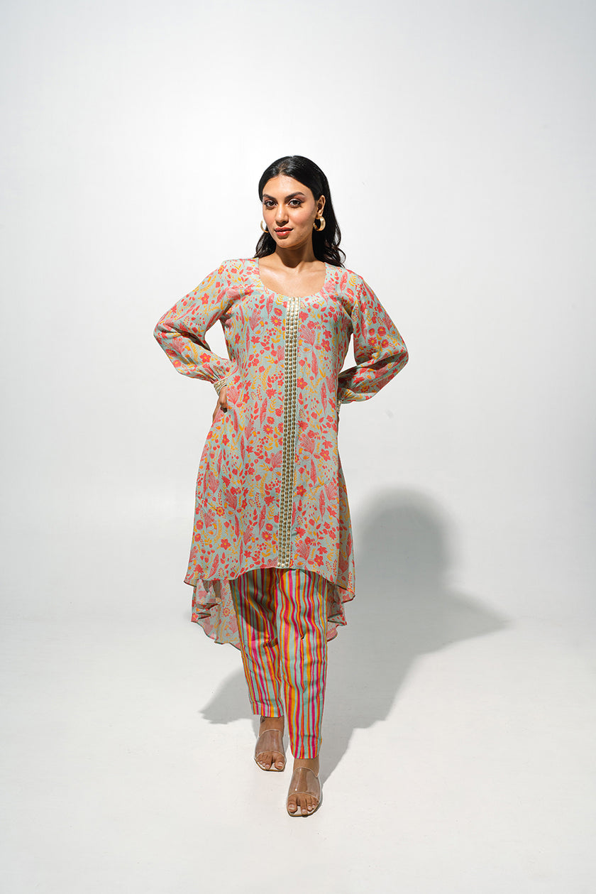 Mint Green Foral Printed Tunic Set