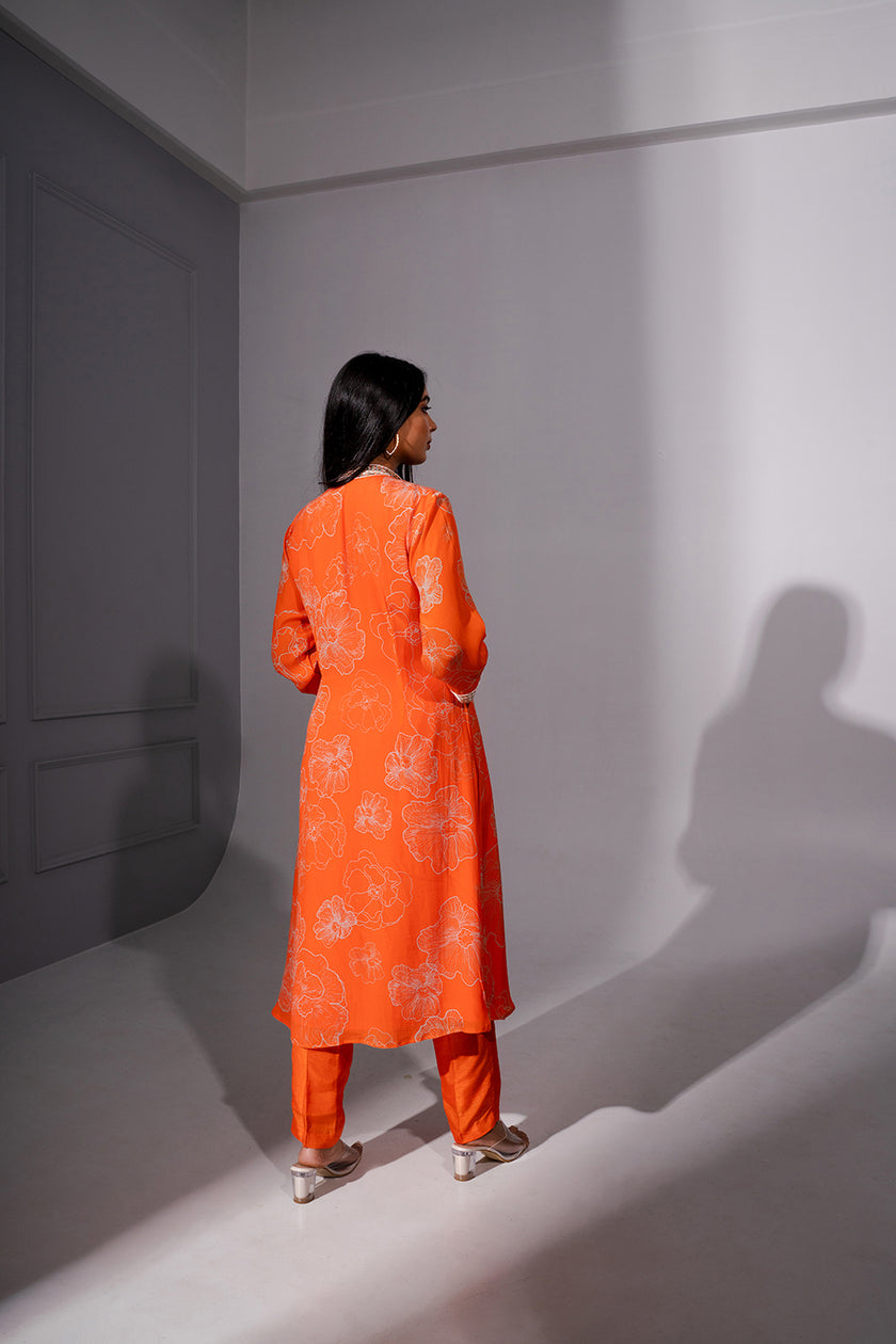 Orange Floral Printed Kurta Set