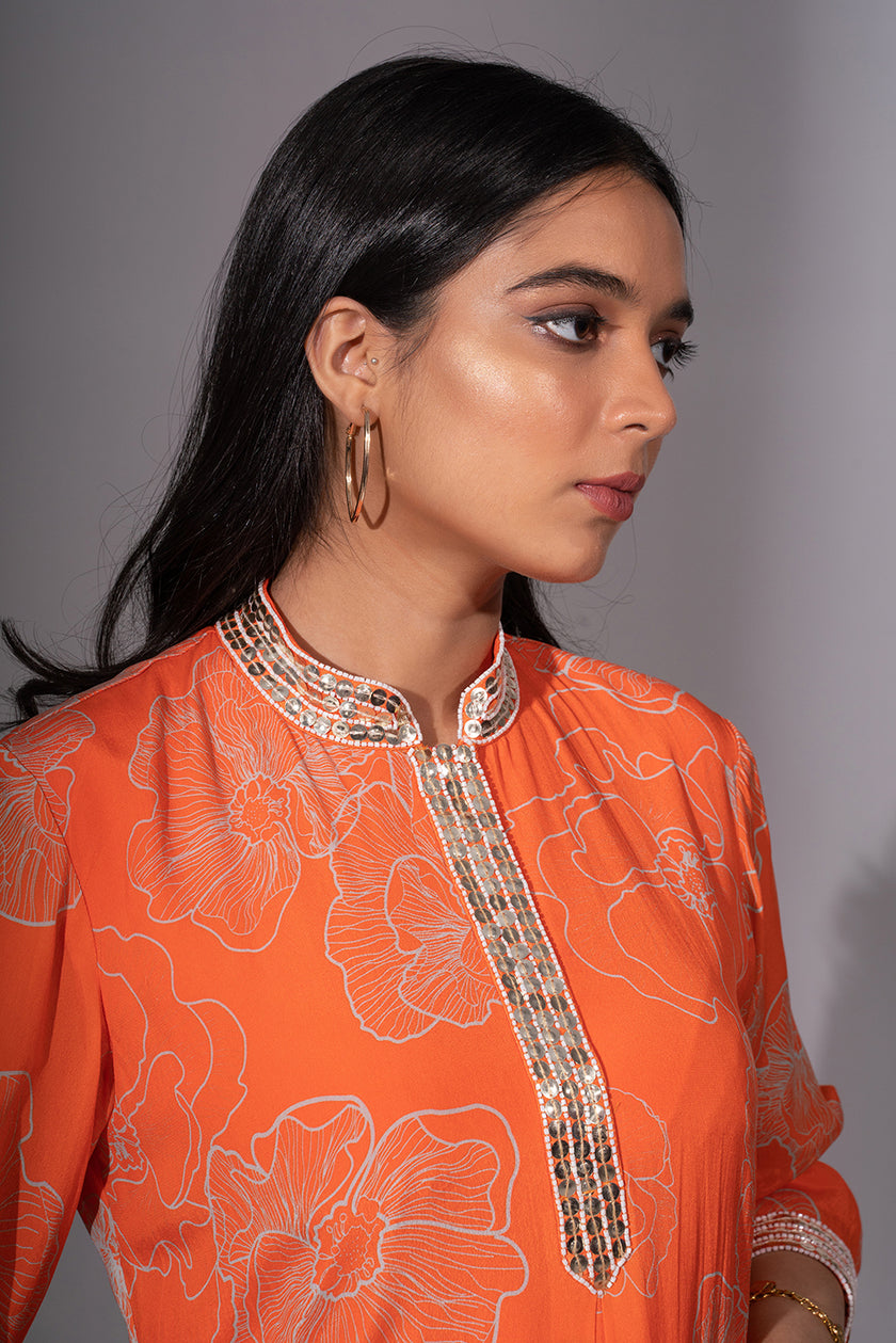 Orange Floral Printed Kurta Set