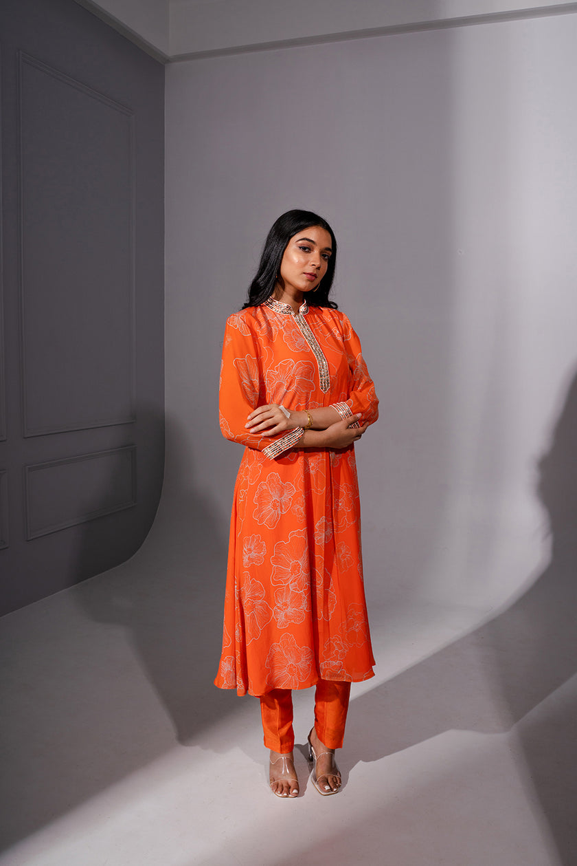 Orange Floral Printed Kurta Set