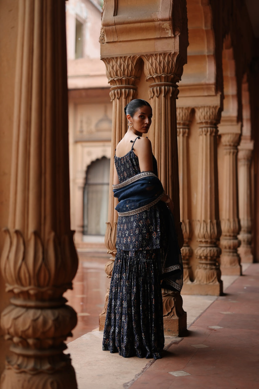 Blue dupion silk Printed Sharara Set