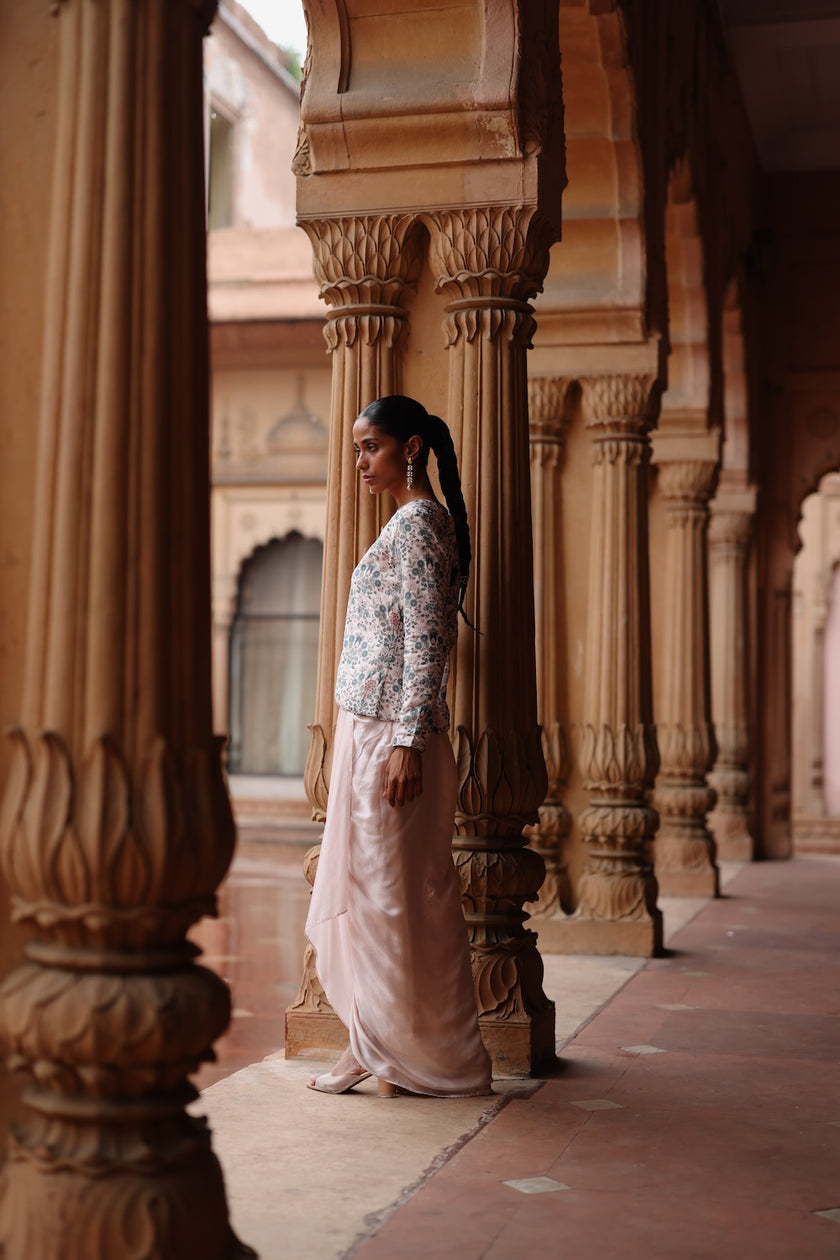 Pink Dupion Silk Printed Jacket and Satin Drape Skirt