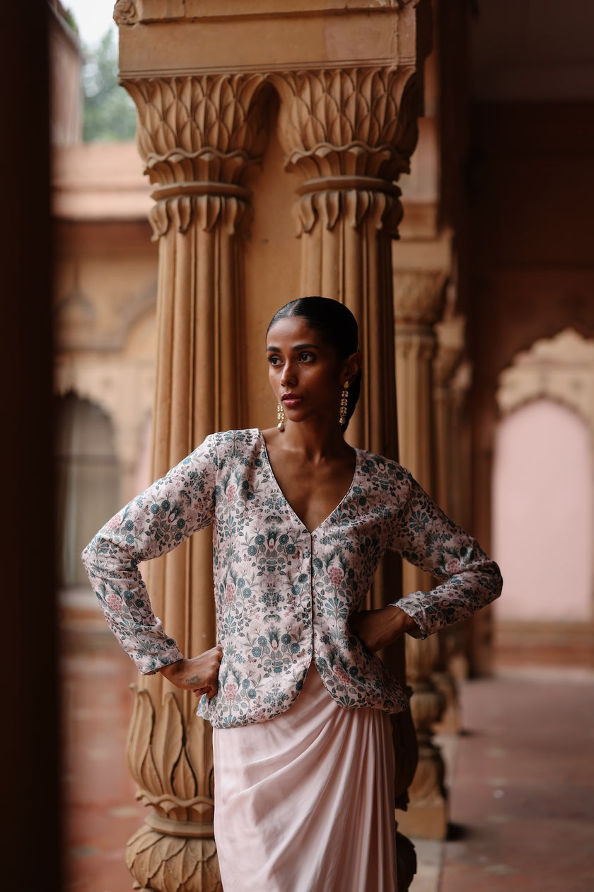 Pink Dupion Silk Printed Jacket and Satin Drape Skirt