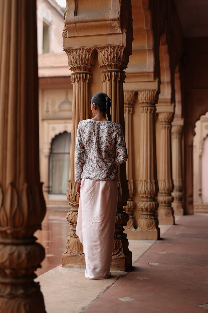 Pink Dupion Silk Printed Jacket and Satin Drape Skirt