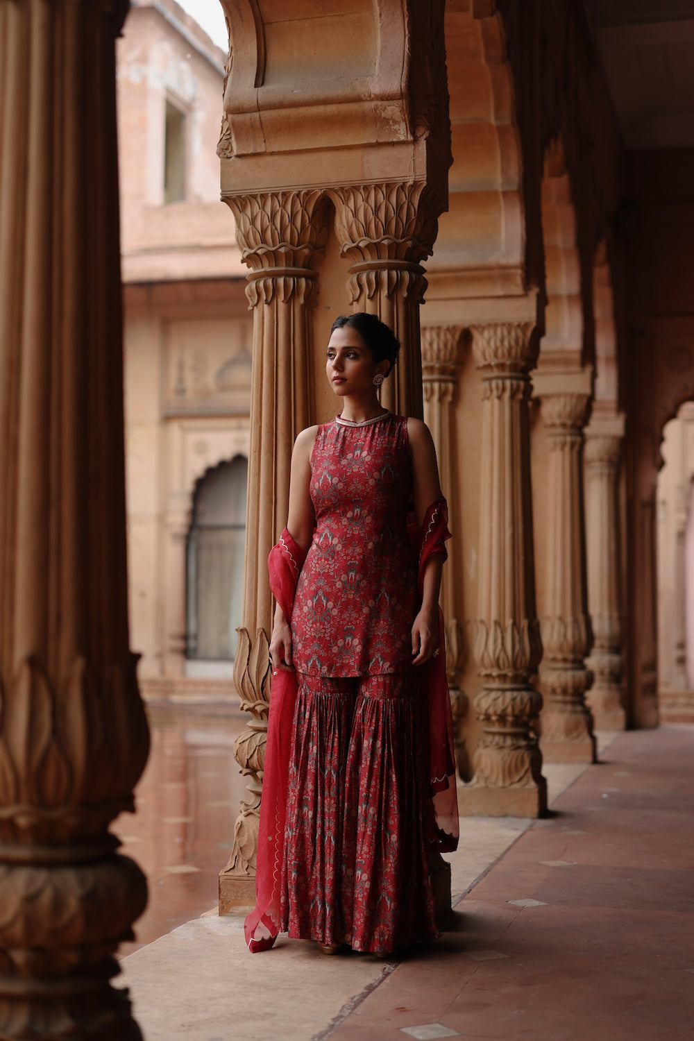 Red Dupion Silk Printed and Embroiderd Sharara Set