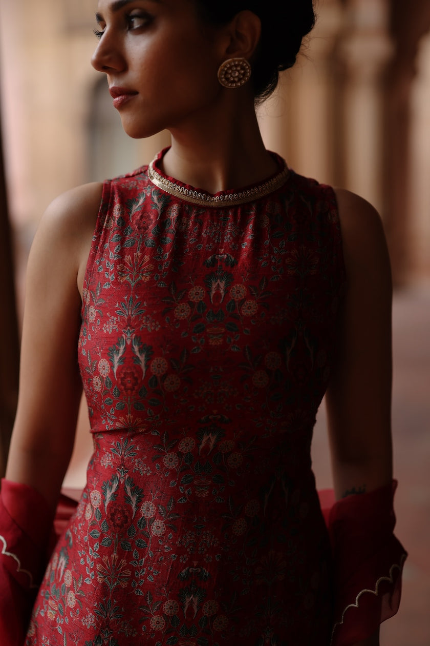 Red Dupion Silk Printed and Embroiderd Sharara Set