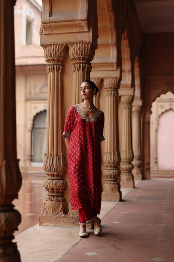 Red Printed and Hand Embroidered  Dupion Silk Kurta Set