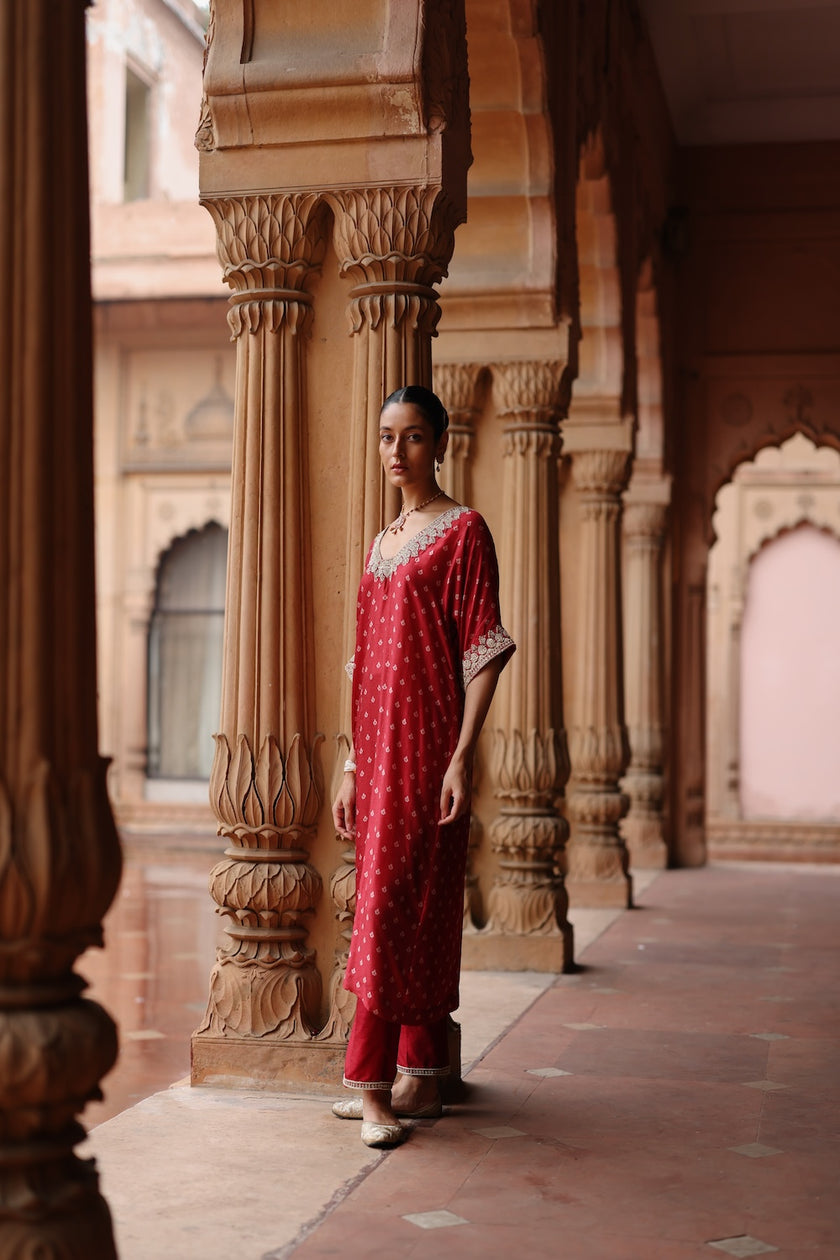 Red Printed and Hand Embroidered  Dupion Silk Kurta Set