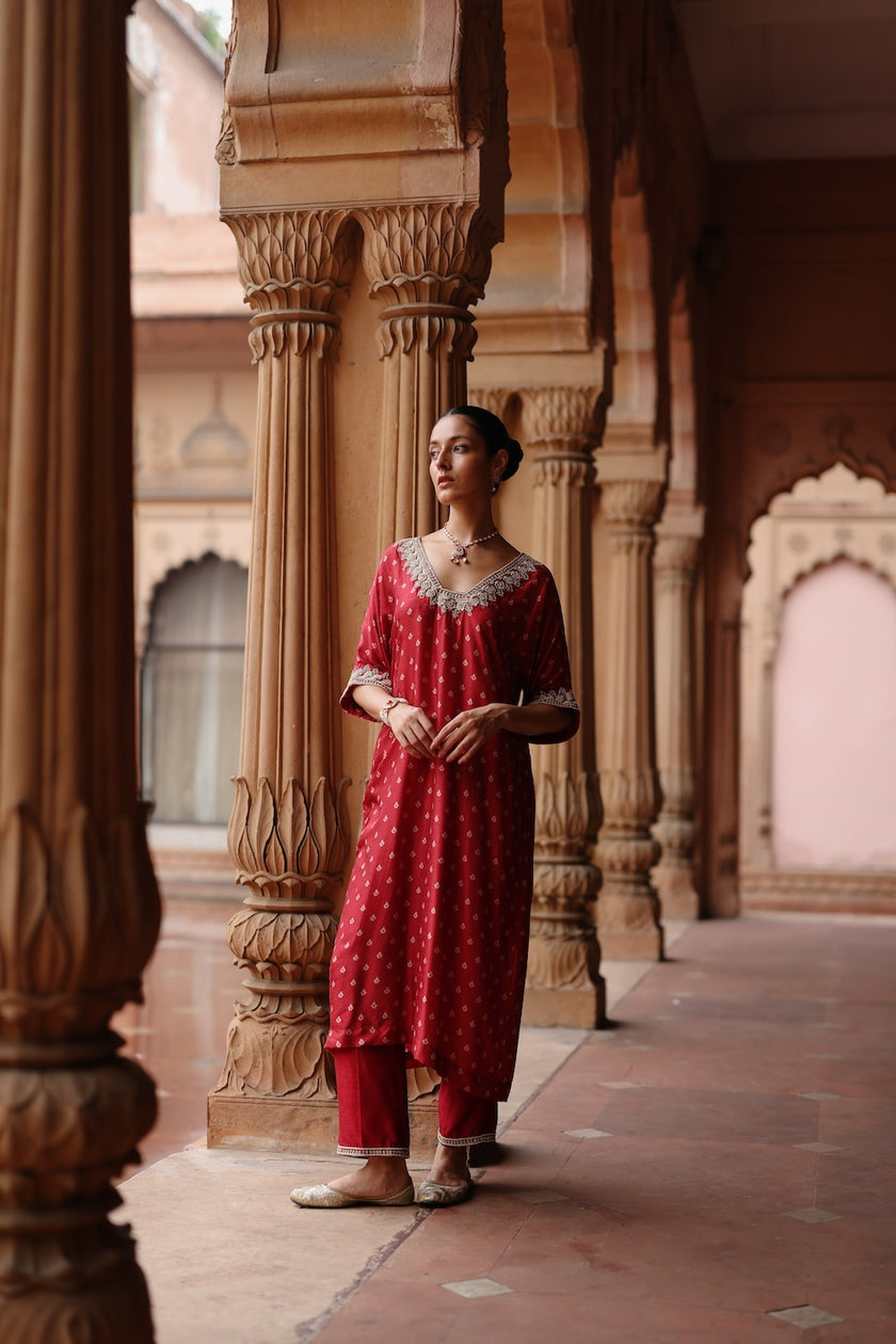 Red Printed and Hand Embroidered  Dupion Silk Kurta Set
