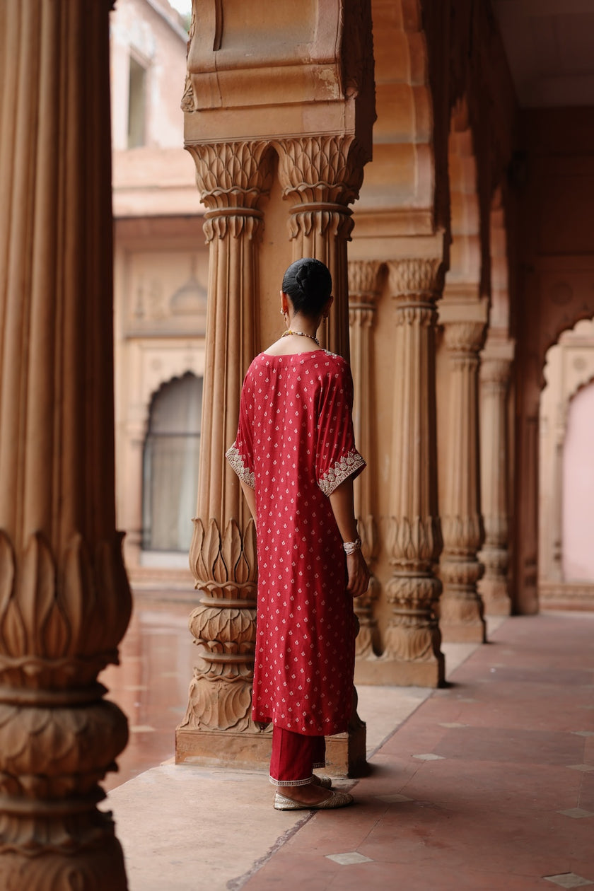 Red Printed and Hand Embroidered  Dupion Silk Kurta Set