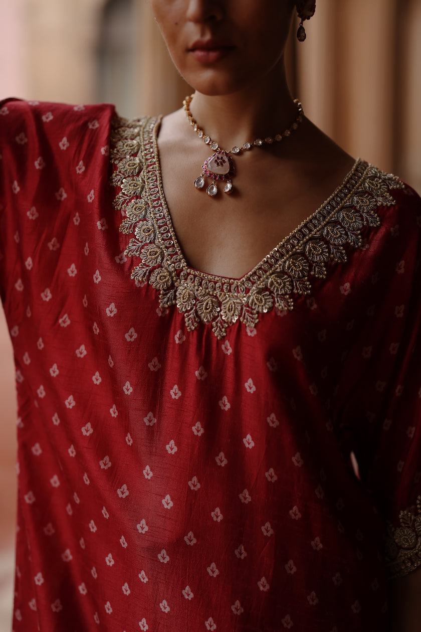 Red Printed and Hand Embroidered  Dupion Silk Kurta Set