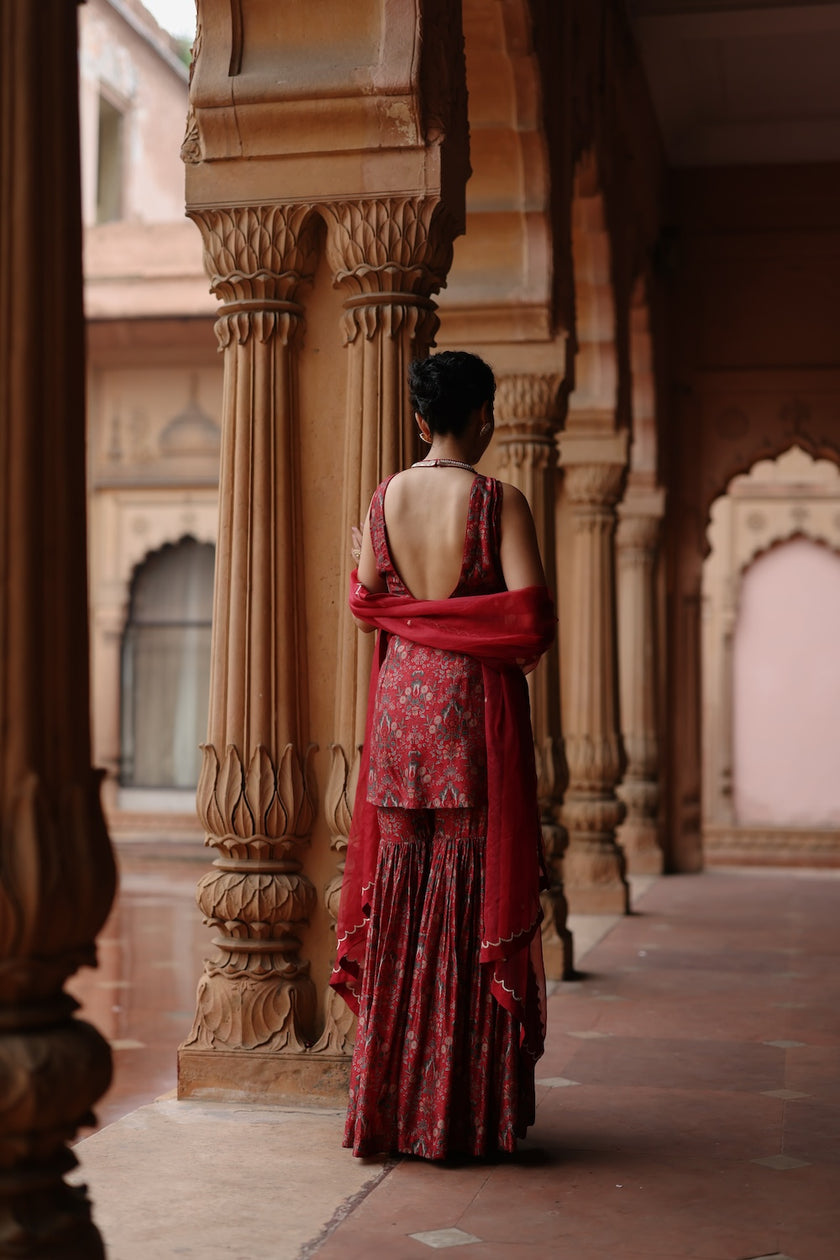 Red Dupion Silk Printed and Embroiderd Sharara Set