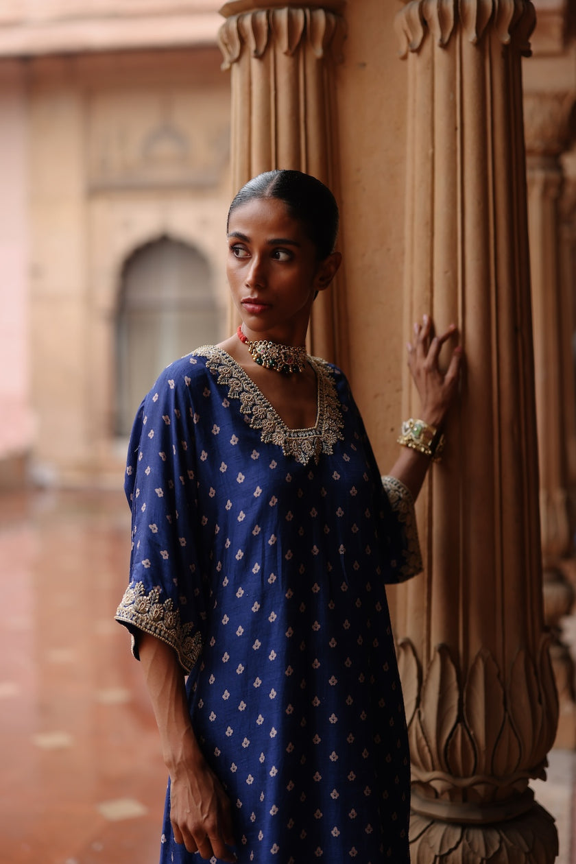 Blue Printed and Hand Embroidered Dupion Silk Kurta Set