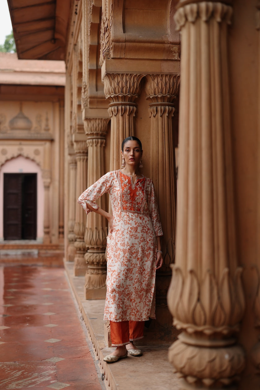 Cream Orange Printed and Hand Embroidered  Dupion Silk Kurta Set
