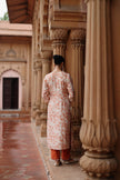 Cream Orange Printed and Hand Embroidered  Dupion Silk Kurta Set