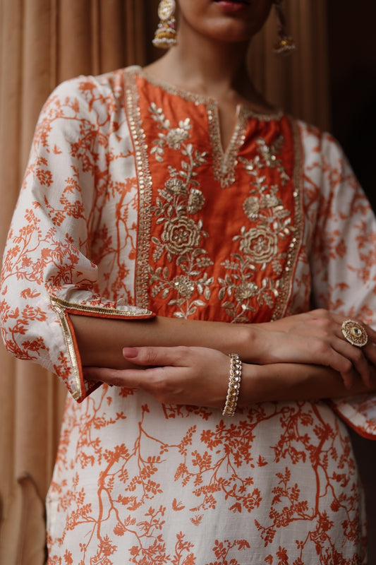 Cream Orange Printed and Hand Embroidered  Dupion Silk Kurta Set