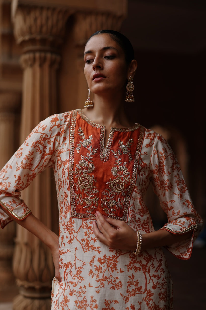 Cream Orange Printed and Hand Embroidered  Dupion Silk Kurta Set