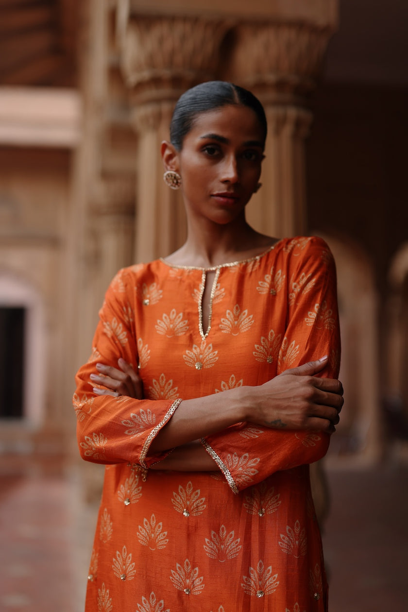 Orange Dupion Silk Printed and Embroidered Kurta Set