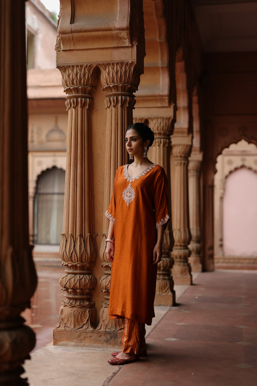 Orange Printed and Hand Embroidered Dupion Silk Kurta Set