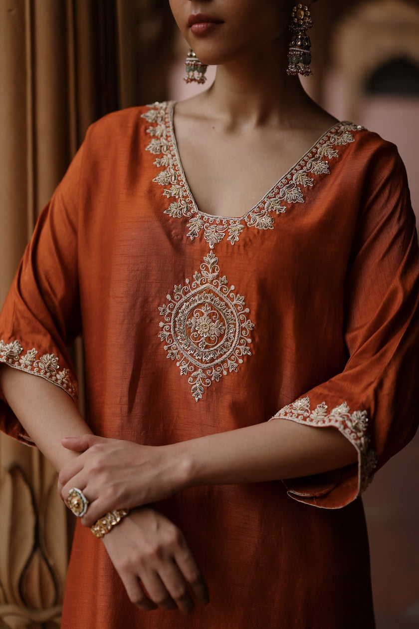 Orange Printed and Hand Embroidered Dupion Silk Kurta Set