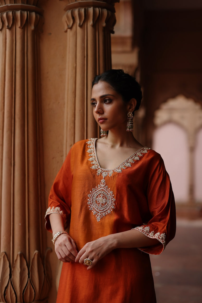 Orange Printed and Hand Embroidered Dupion Silk Kurta Set