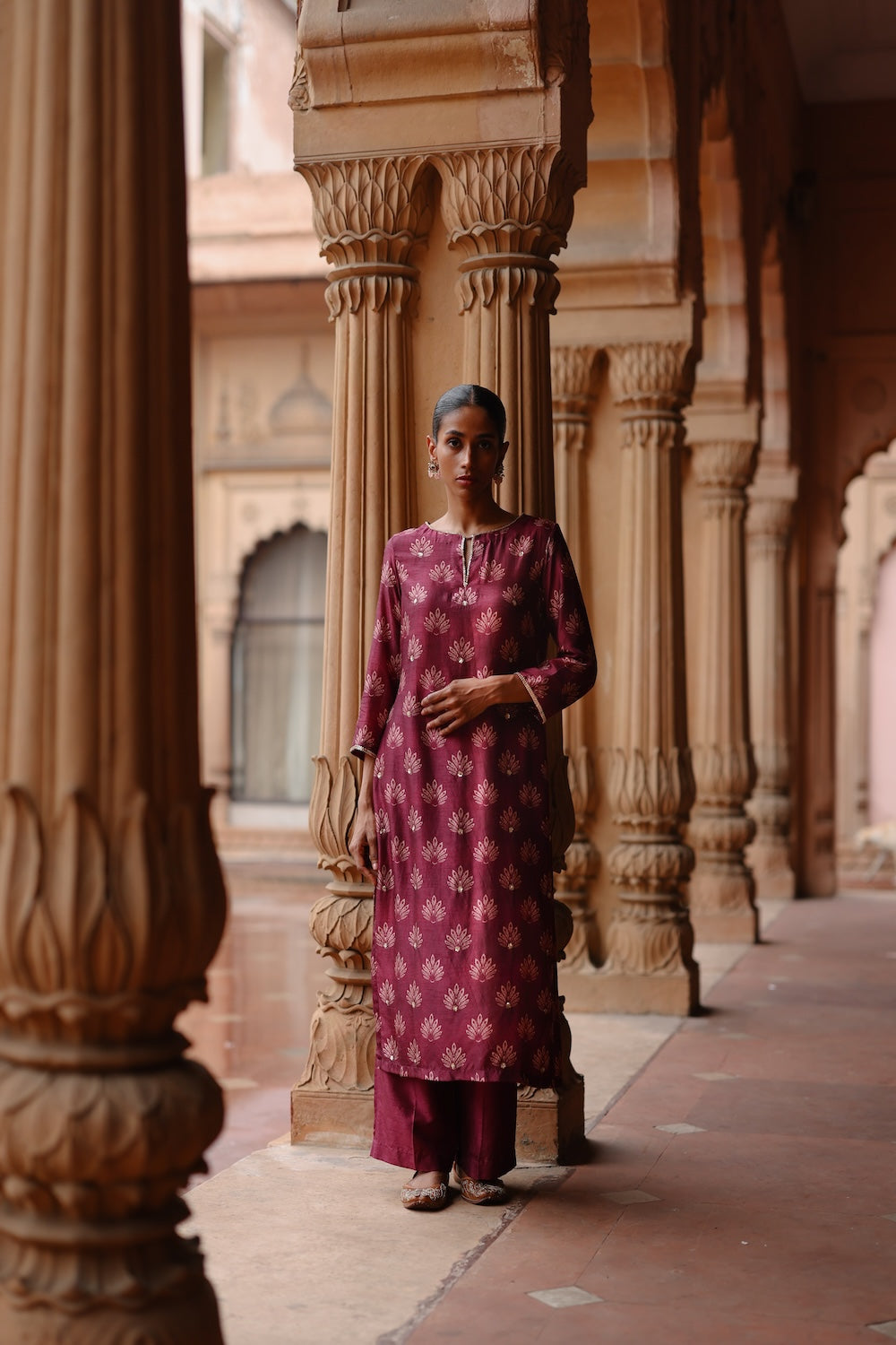 Wine Dupion Silk Printed and Embroidered Kurta Set