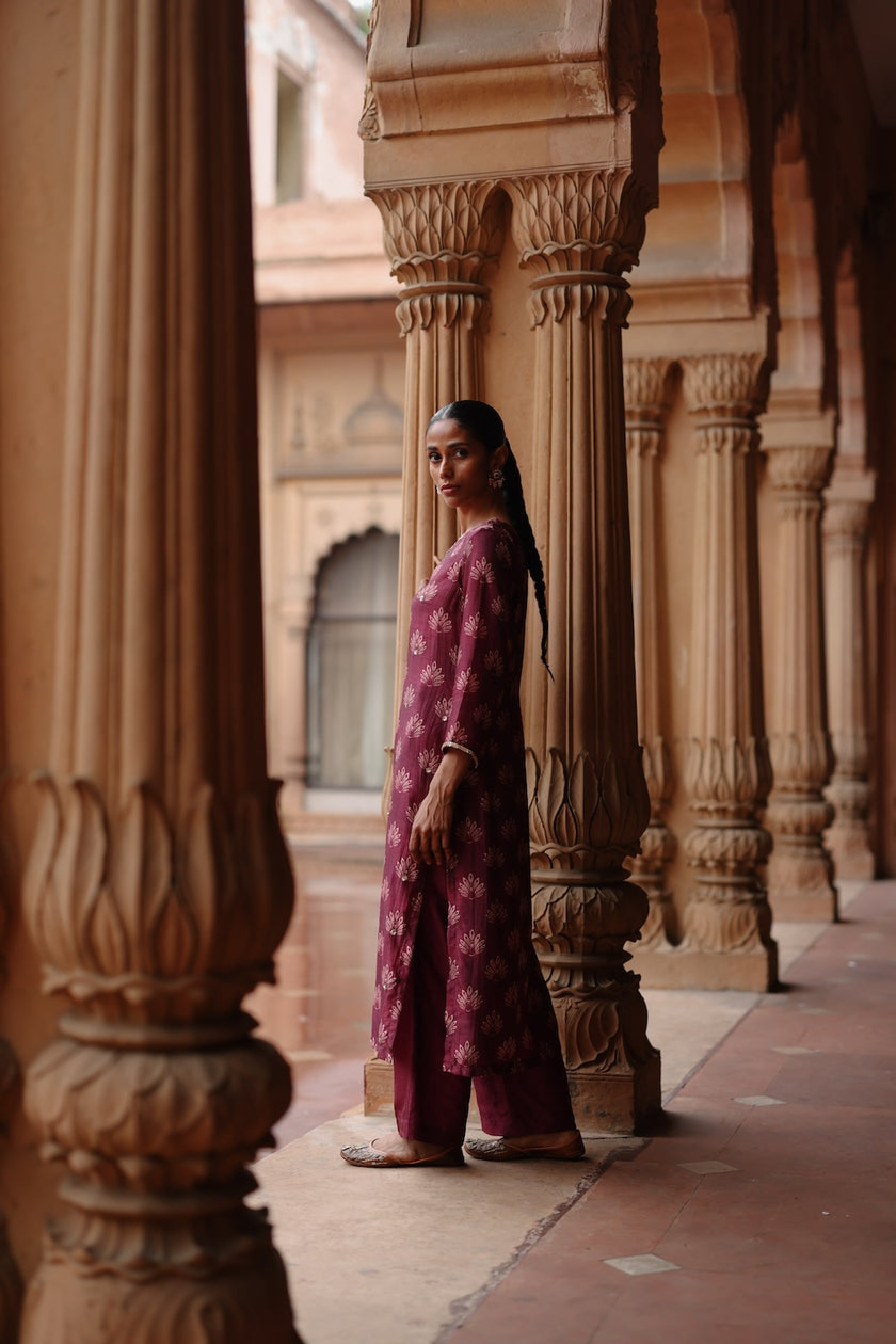 Wine Dupion Silk Printed and Embroidered Kurta Set