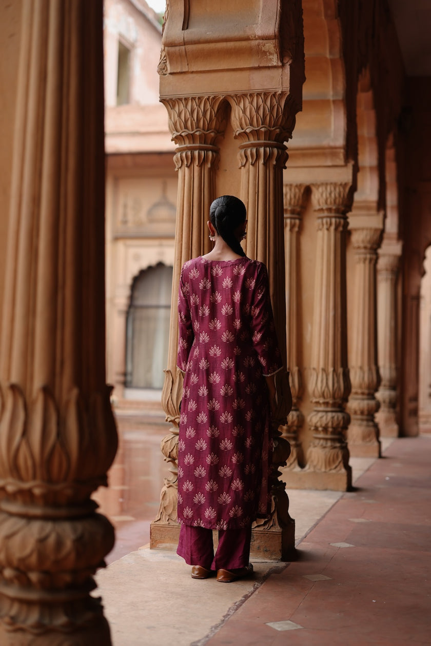 Wine Dupion Silk Printed and Embroidered Kurta Set