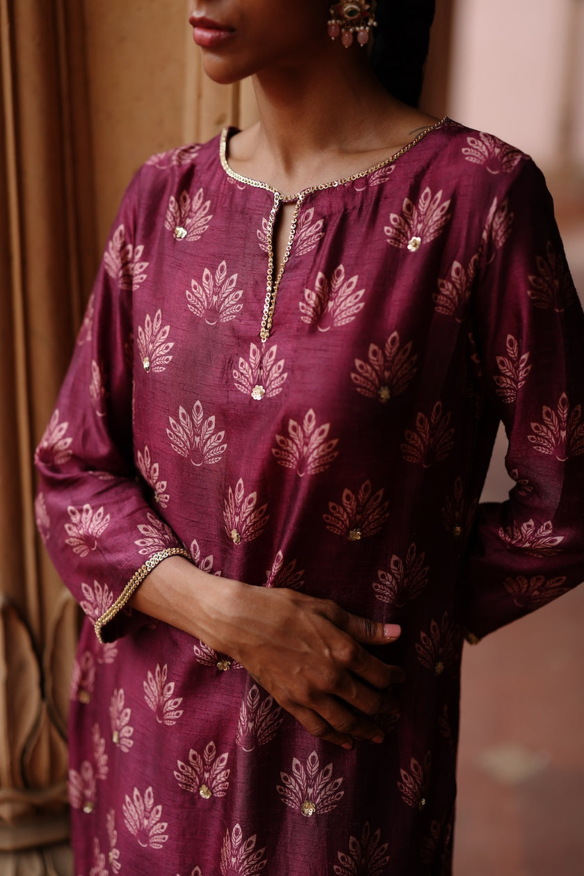 Wine Dupion Silk Printed and Embroidered Kurta Set