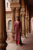 Red Printed and Hand Embroidered  Dupion Silk Kurta Set
