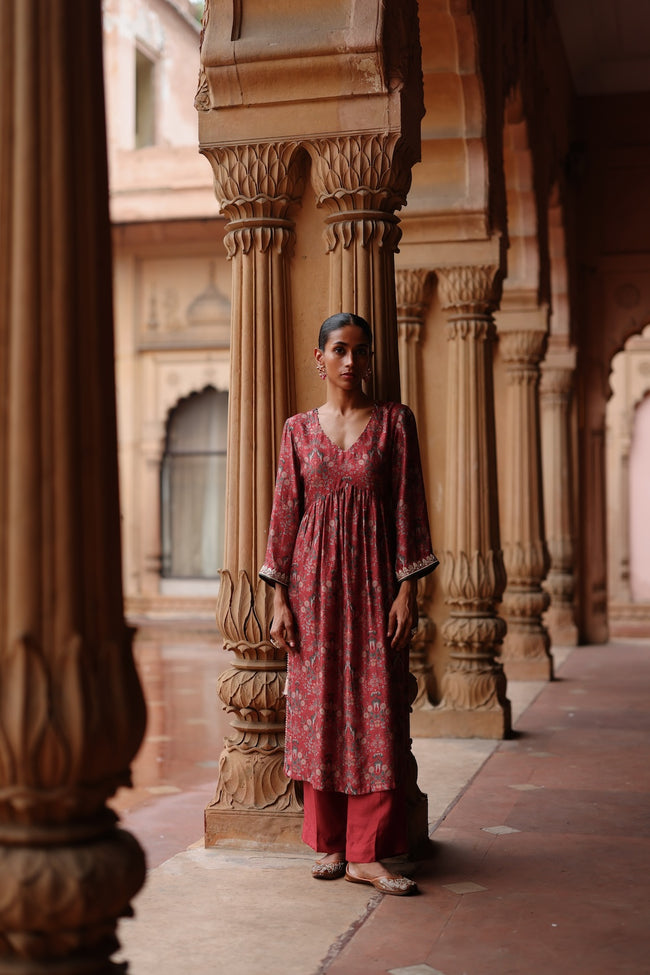 Red Printed and Hand Embroidered  Dupion Silk Kurta Set