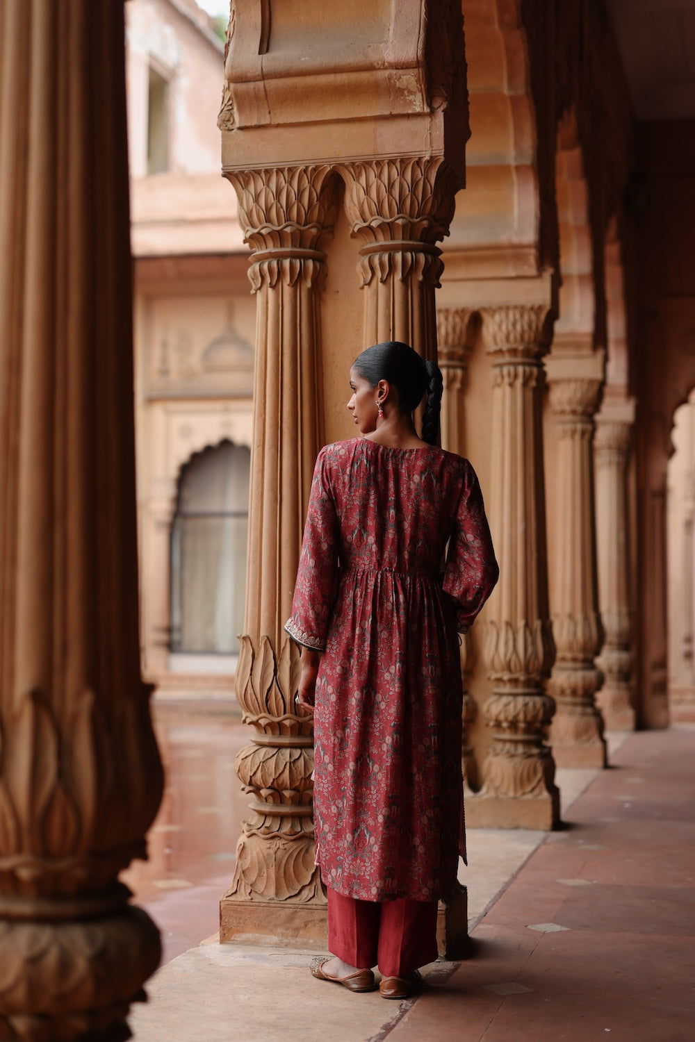 Red Printed and Hand Embroidered  Dupion Silk Kurta Set