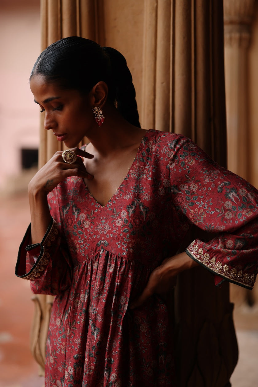 Red Printed and Hand Embroidered  Dupion Silk Kurta Set