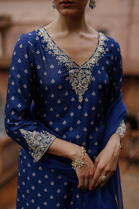 Blue Dupion Silk Printed and Embroiderd Sharara Set