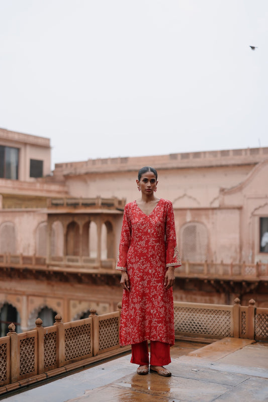 Red Printed and Hand Embroidered  Dupion Silk Kurta Set