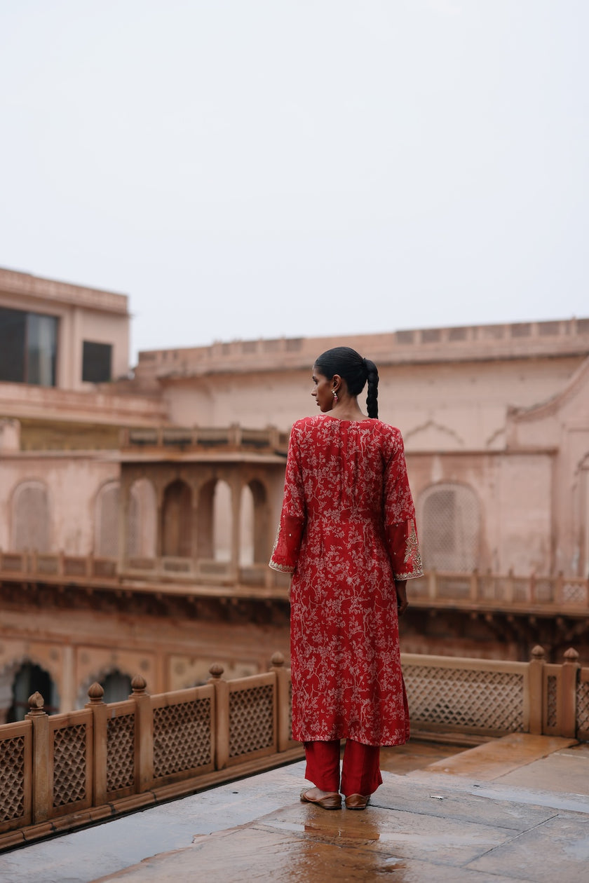 Red Printed and Hand Embroidered  Dupion Silk Kurta Set