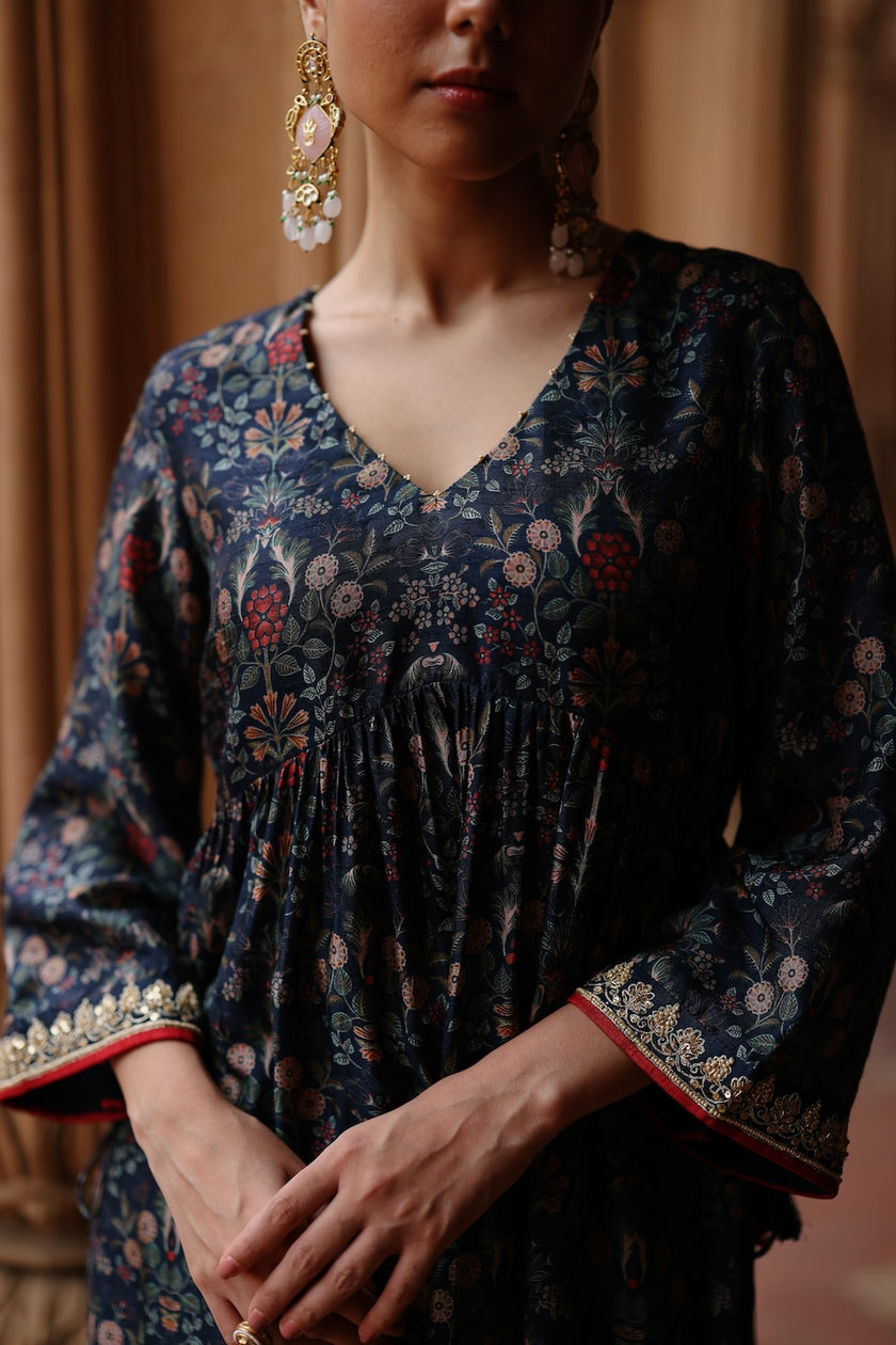 Blue Printed and Hand Embroidered  Dupion Silk Kurta Set