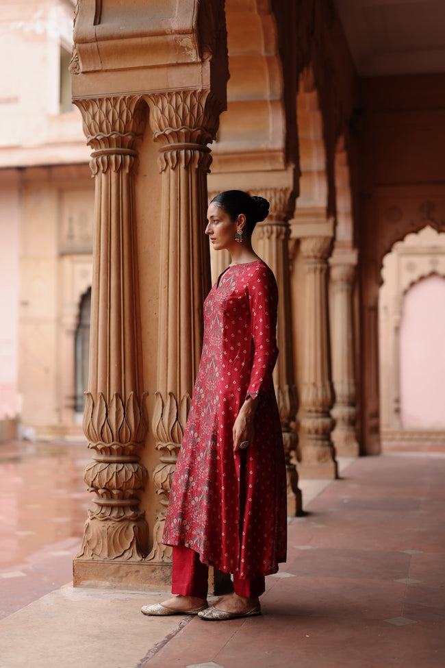 Red Printed Dupion Silk Kurta Set