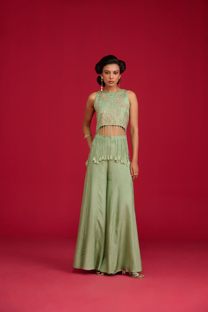 Sage Green Croped Top And Pants Set