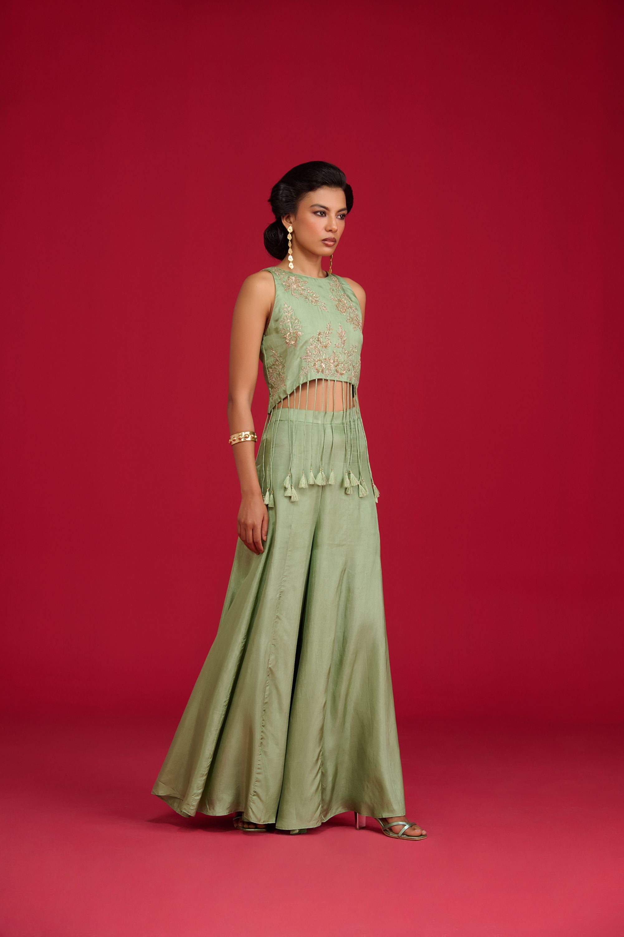 Sage Green Croped Top And Pants Set