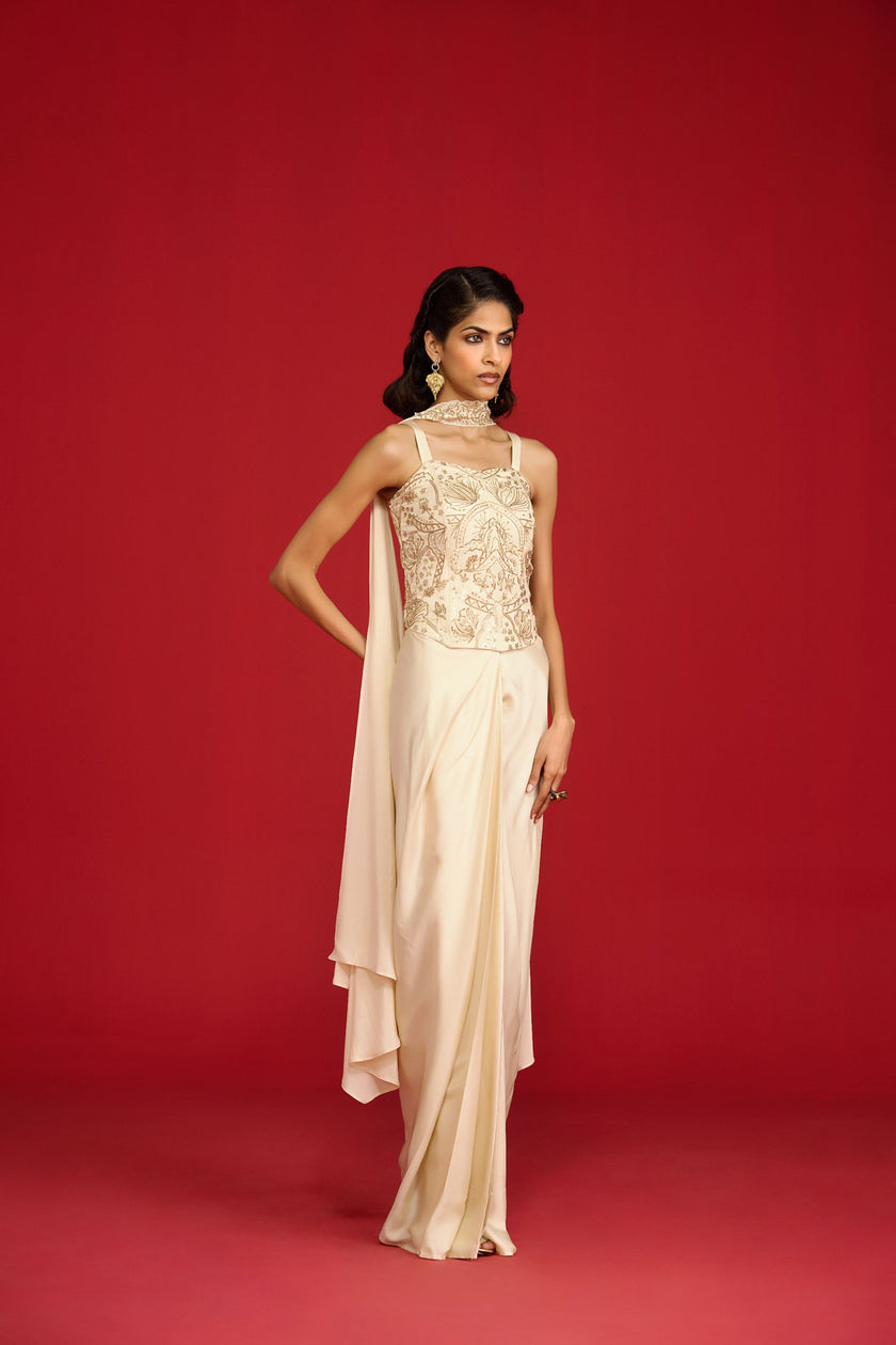 Ivory Corset And Draped Skirt Set