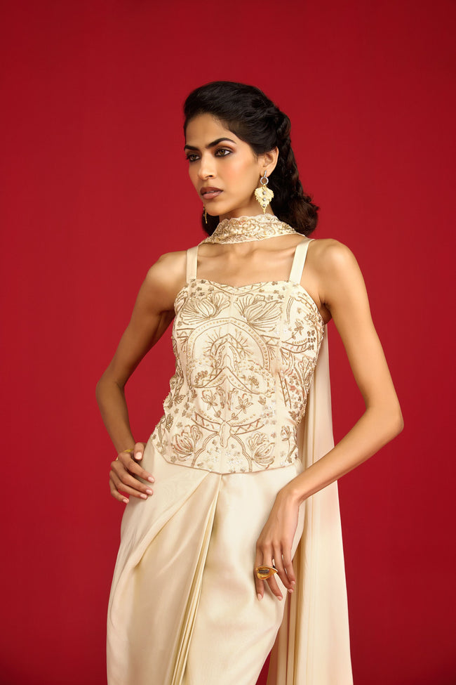 Ivory Corset And Draped Skirt Set
